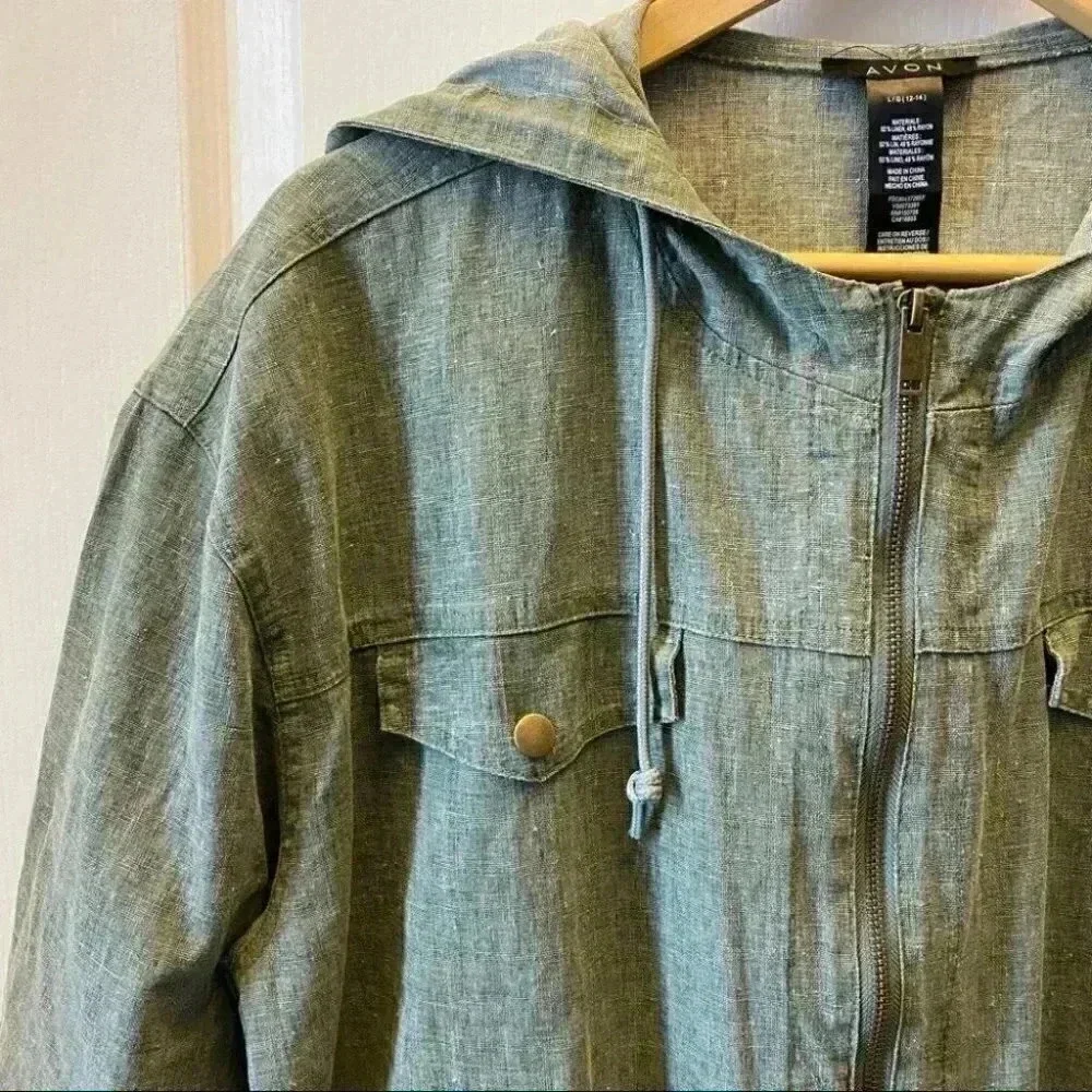 Avon Linen Jacket Cropped Lightweight Spring Fall Hood Olive Green Large - Picture 5 of 16
